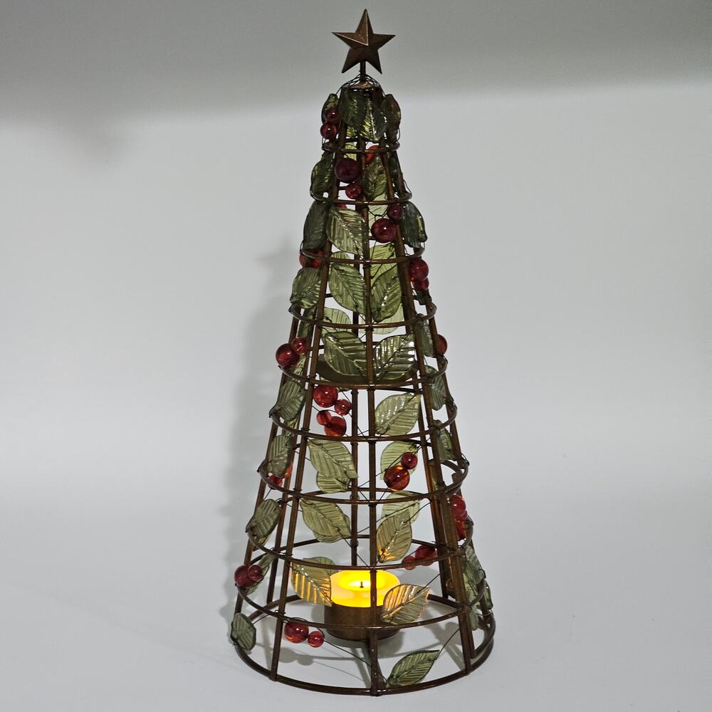 Vintage Beaded Christmas Tree Tealight Holder-Festive Ivy & Berries Metal Décor